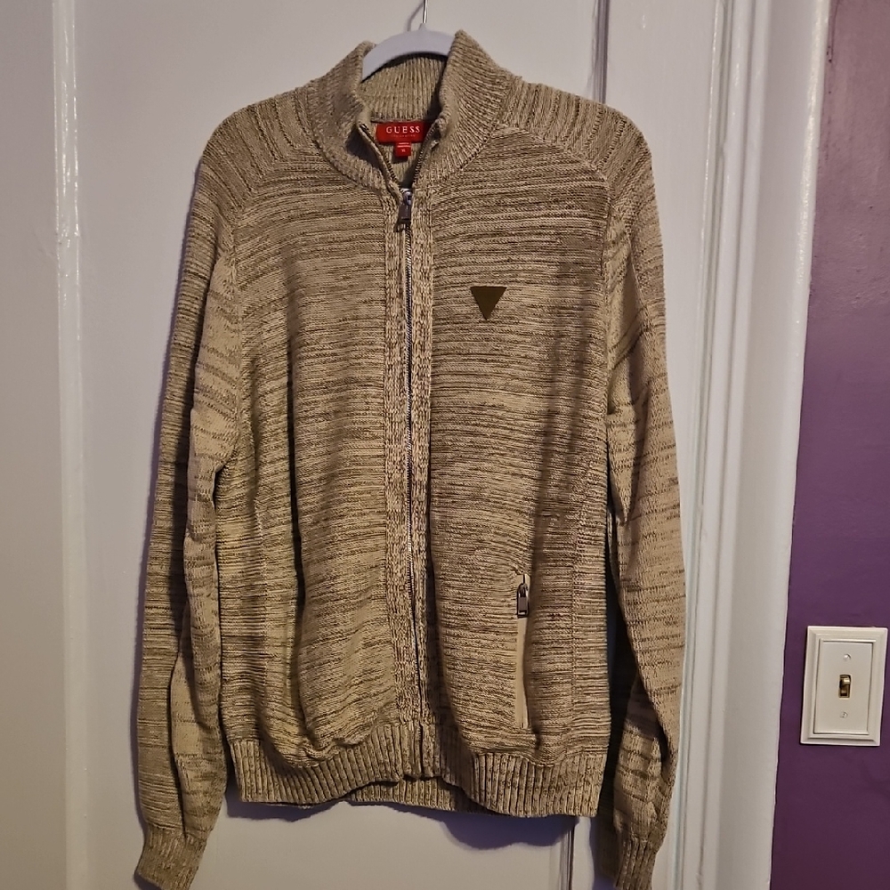 Guess mens marled beige & tan crew neck zip front knit cardigan sweater XL